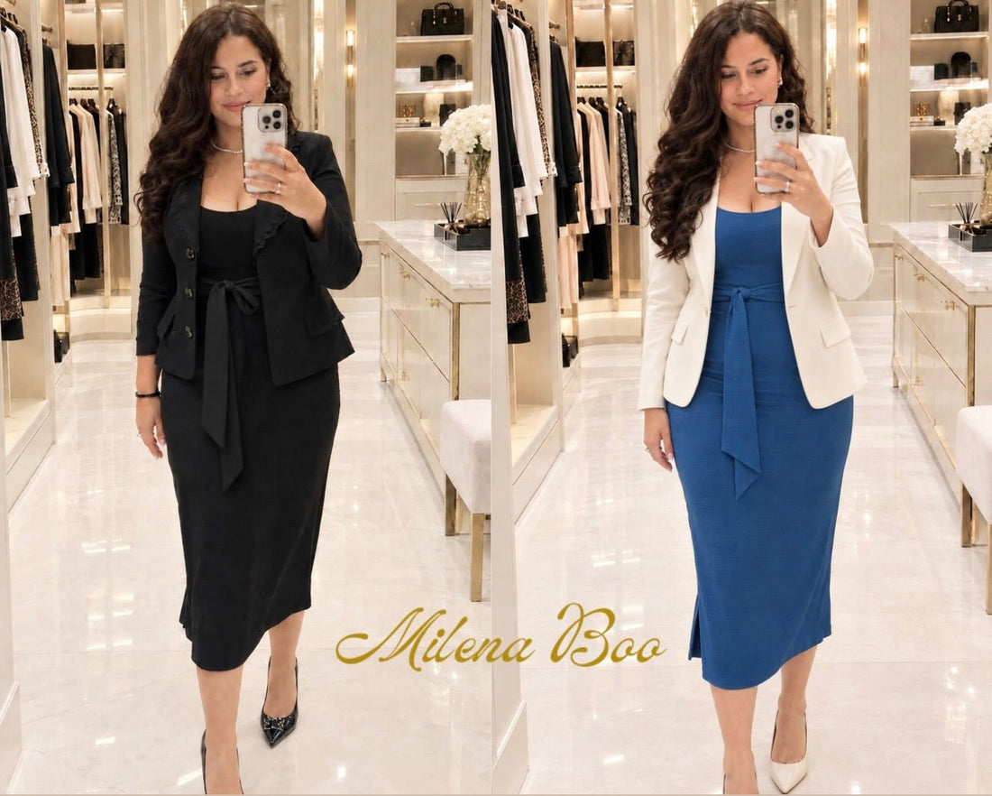 two women in their 40's wearing midi bamboo dress one black off shoulder midi dress and other one same but different colour blue long bamboo dress with two slits . layering this bamboo dress for fall with blazer 