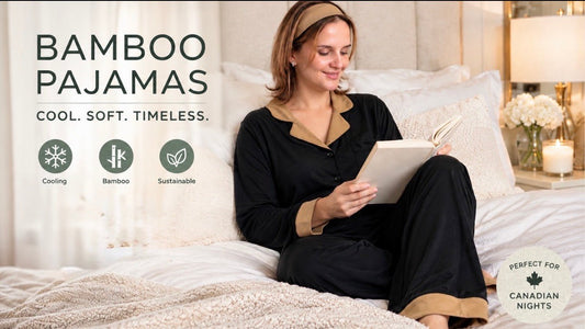 WOMEN WERAING SOFT BREATHABLE AND COOLING BAMBOO PAJAMA SET IN CANADA . THIS PAJAMAS SET IS COMES WITH MATCHING HEADBAND