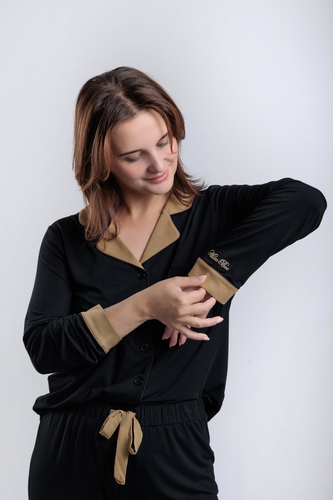 long sleeve button-down bamboo pajama Set for Women- Noire' - PJ Couture Collection
