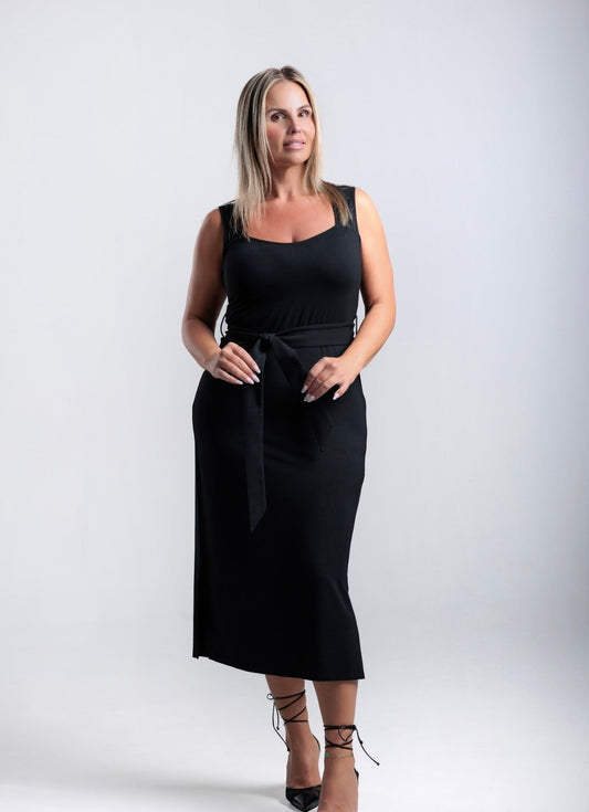 women bamboo long dress, black midi dress , heart neck bamboo dress , long dress with slit bamboo dress , women menopause dress, naturally cooling bamboo black dress, sensitive skin dress. ultra soft  women bamboo dress, breathable summer dress for women. wide strap shoulder bamboo summer dress. sleeveless bamboo dress