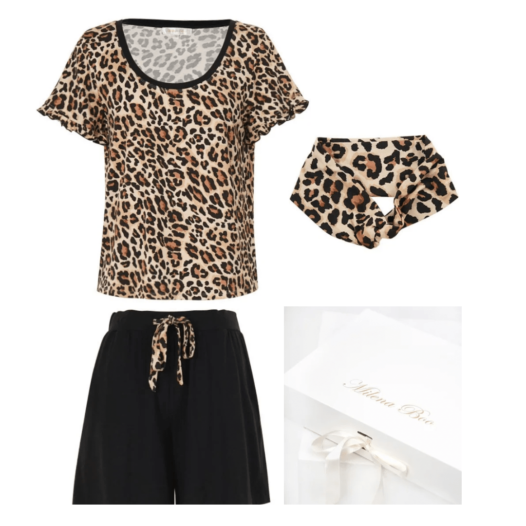 Women's Bamboo Shorts Pajama Set |Diva 2 Piece leopard with black Loungewear  - PJ Couture Collection