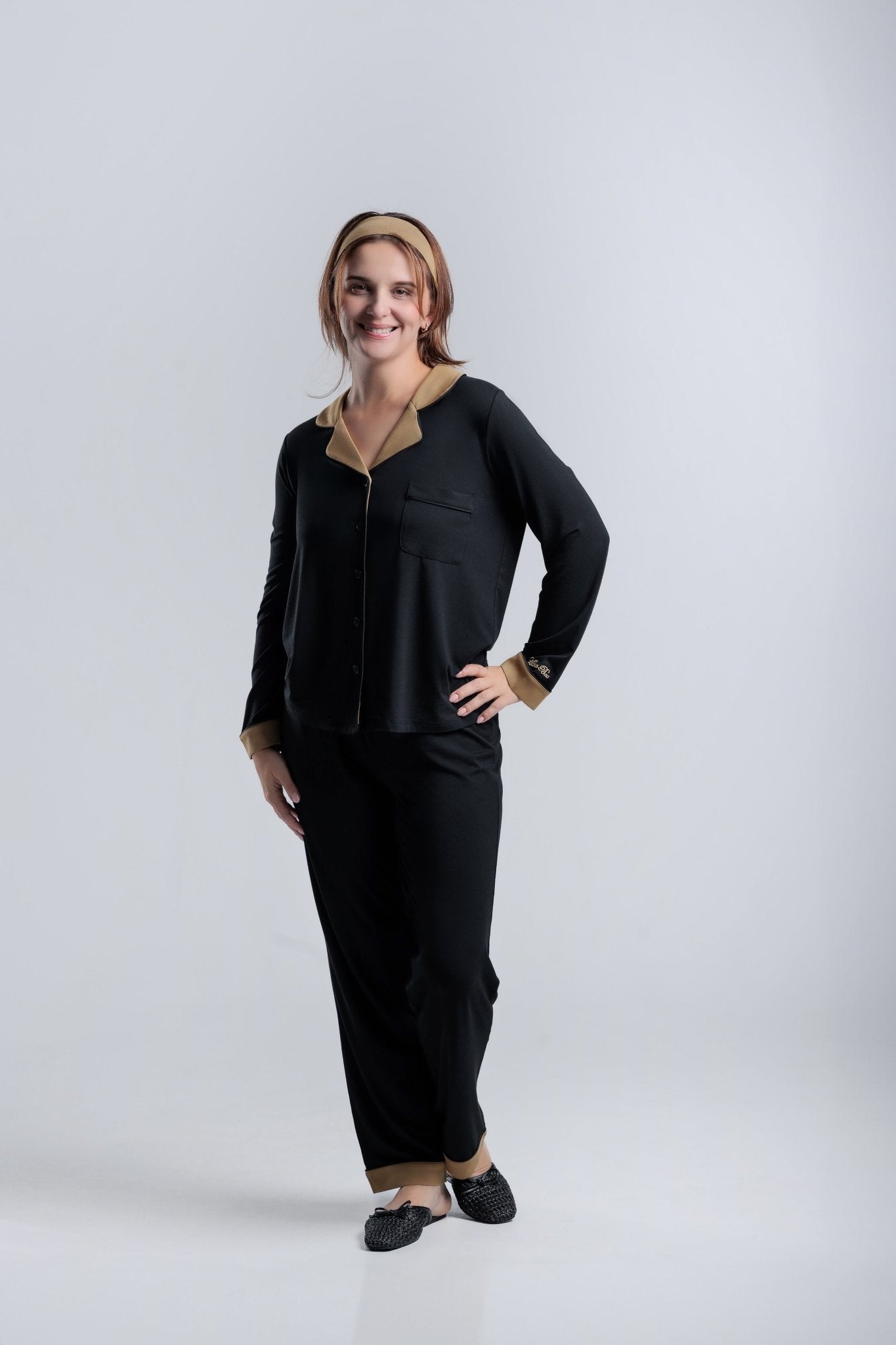 long sleeve button-down bamboo pajama Set for Women- Noire' - PJ Couture Collection